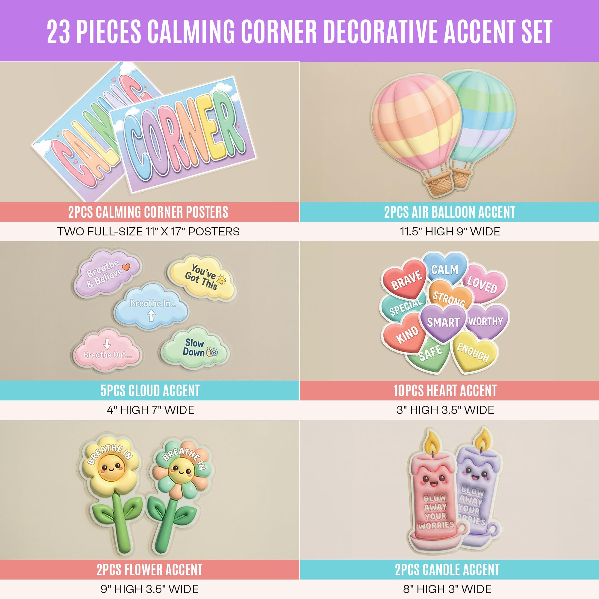 JELLY BEAN GENIUS Calming Corner Decorative Accent Set for Kids – 23-Piece Laminated Coordinated Visuals for Emotional