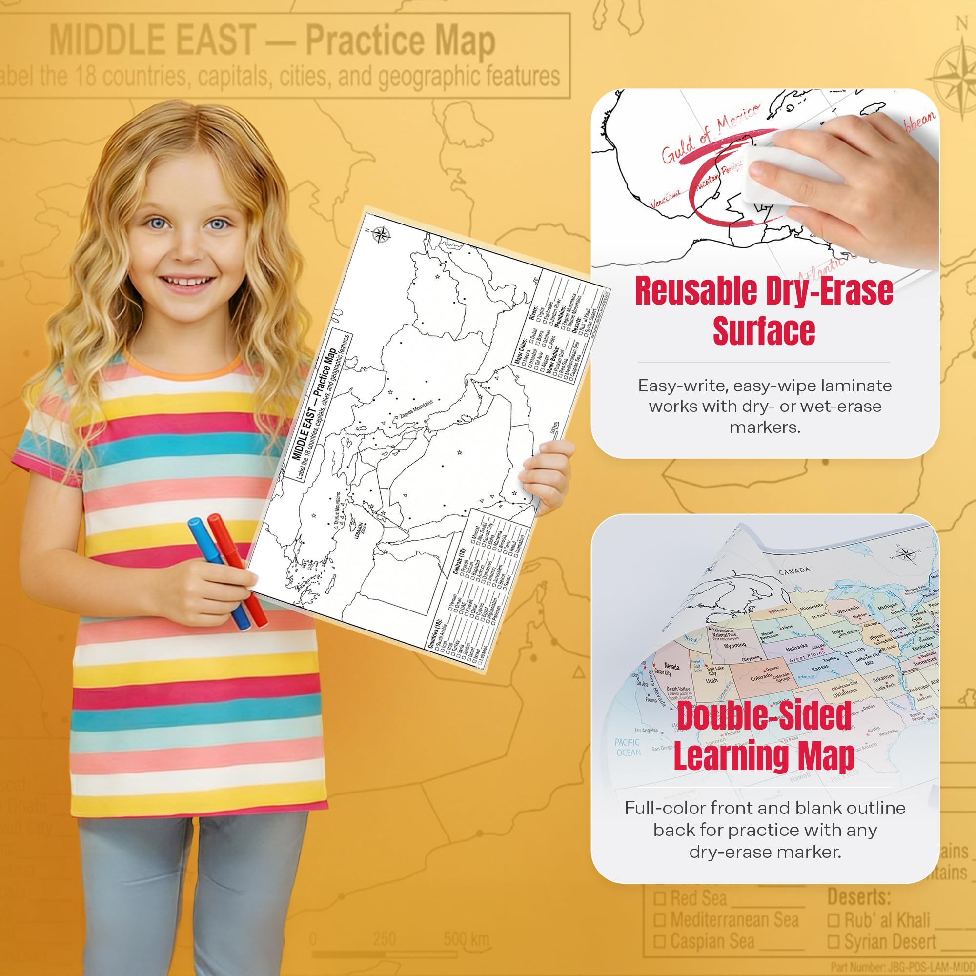 JELLY BEAN GENIUS Middle East Poster 11x17 | Laminated Double-Sided Geography Chart with Color Map Front & Blank Outline
