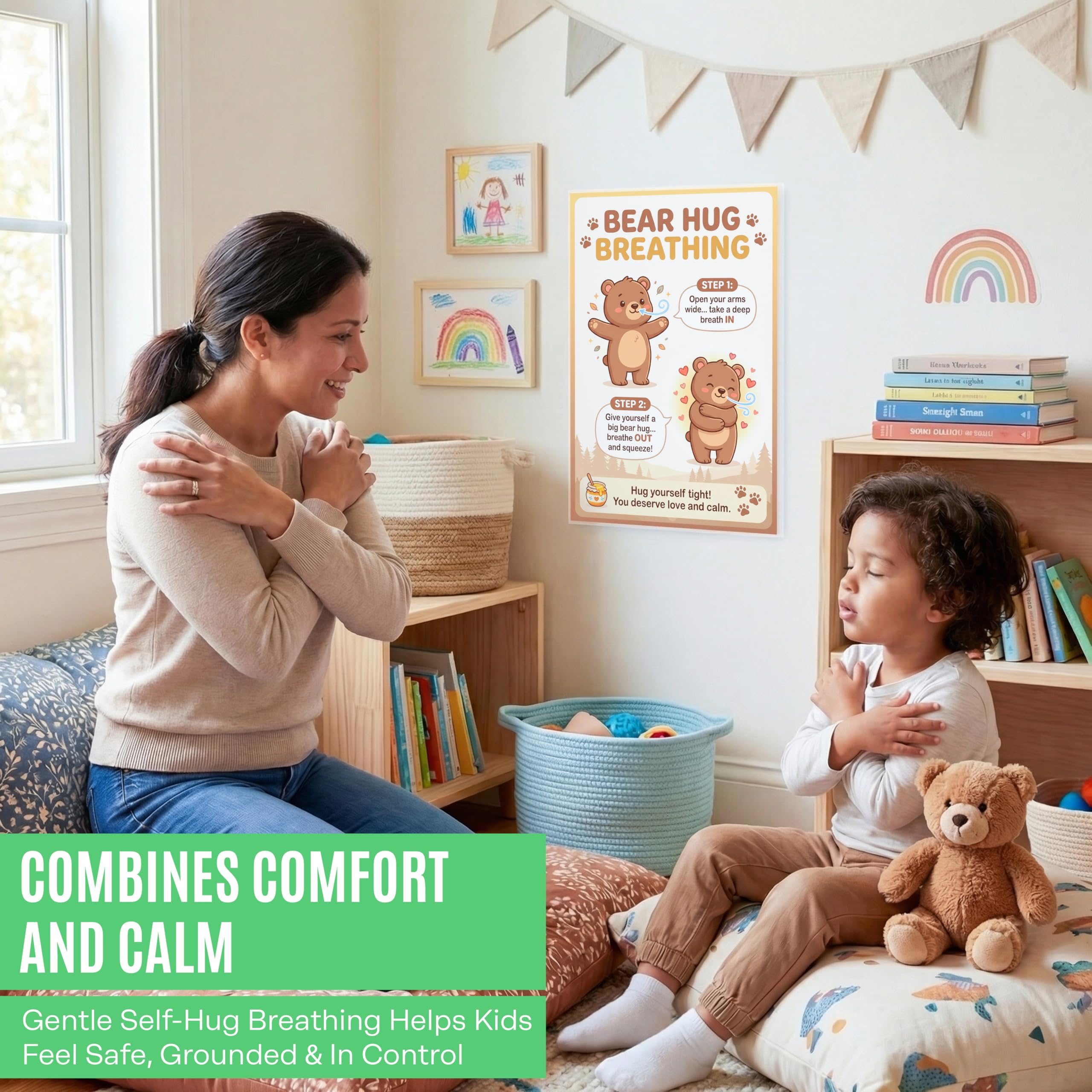JELLY BEAN GENIUS Bear Hug Breathing Poster for Kids – Self-Hug Calming Technique, Calm Corner Classroom Decor, SEL Social