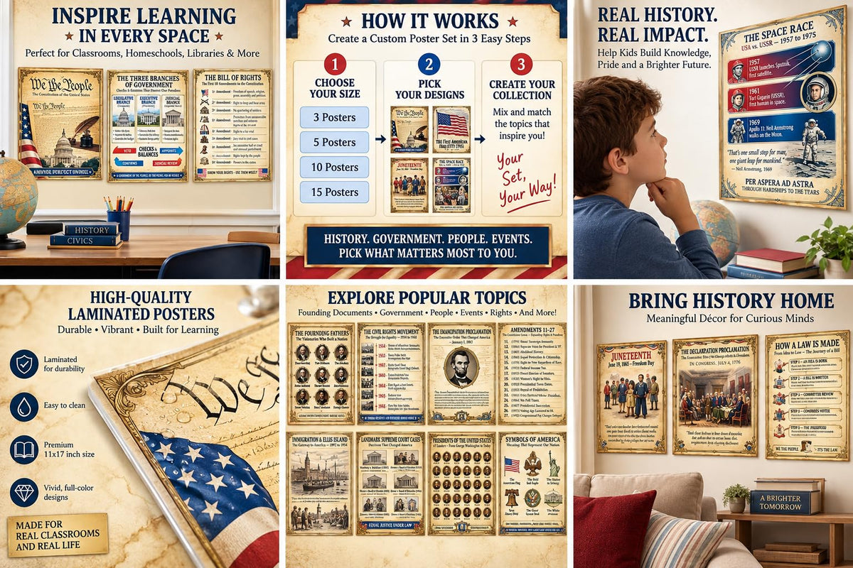 US Civics & American History Posters, Choose 3, 5, 10, 15, Laminated 11x17