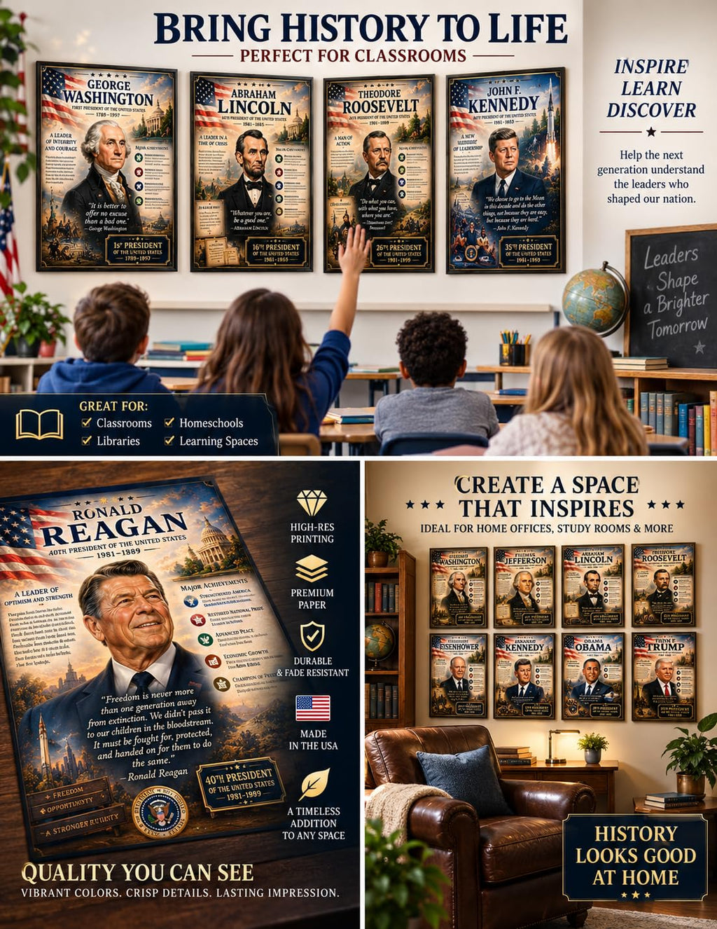 US Presidents Posters, Choose Any 3-5, American History, 8.5x11 Laminated
