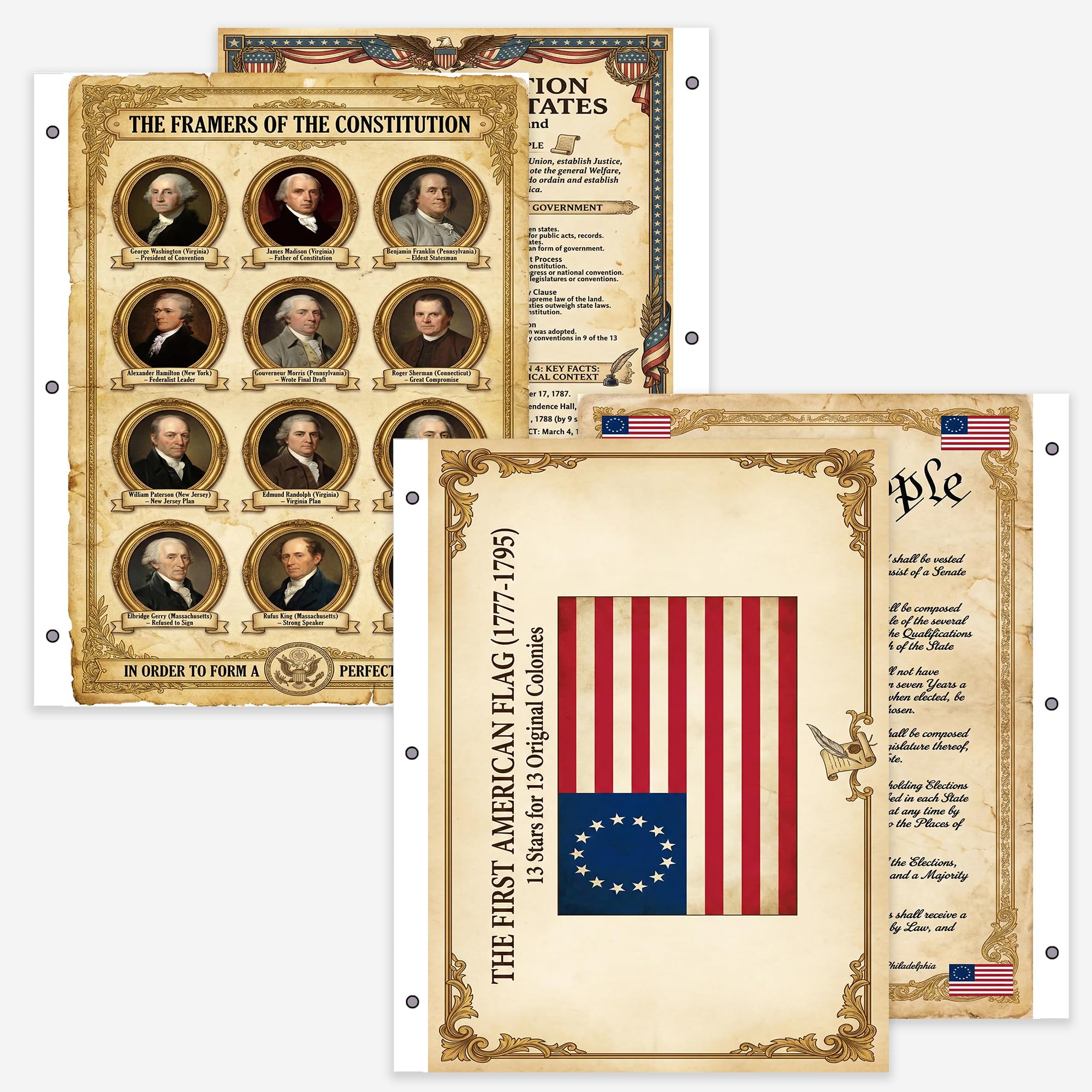 JELLY BEAN GENIUS Constitution Binder Sheets (2 Pack) - Two-Sided 8.5x11 Laminated - Framers, Summary, Flag, Article I