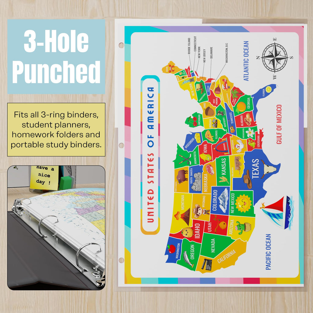 Updated United States Map & States–Cities Reference Page – Laminated, Double-Sided 3-Ring Binder Insert – Durable Gloss Study Sheet (10 Pack)