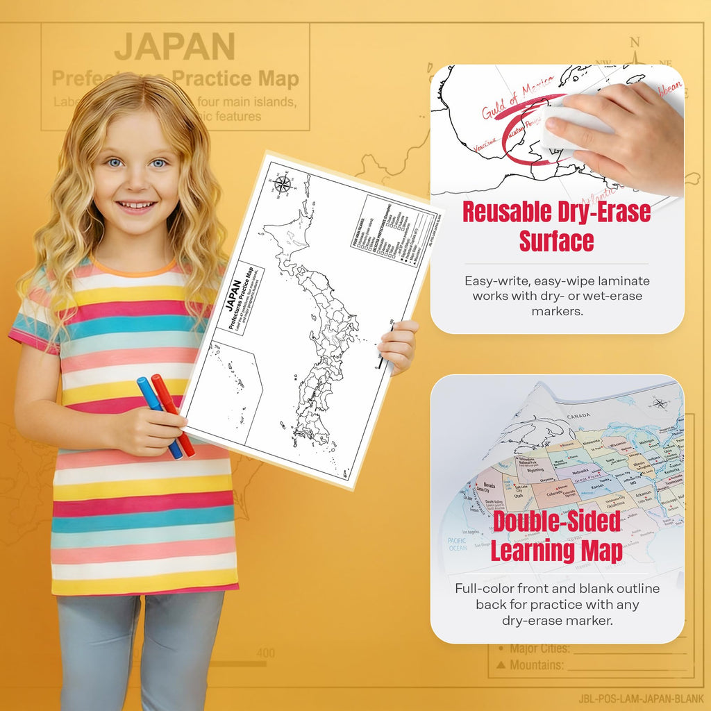 Japan Map Poster 11x17 | Laminated Double-Sided Geography Chart with Color Map Front & Blank Outline Back | Reusable