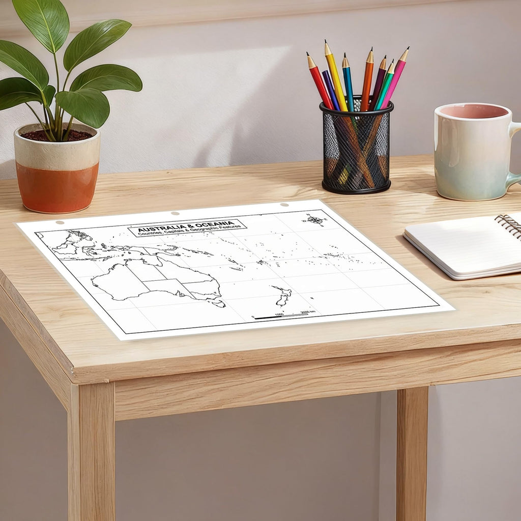 Australia & Oceania Map Poster for Kids - 2-Sided Laminated 8.5x11, Countries Capitals & Geographic Features with Blank
