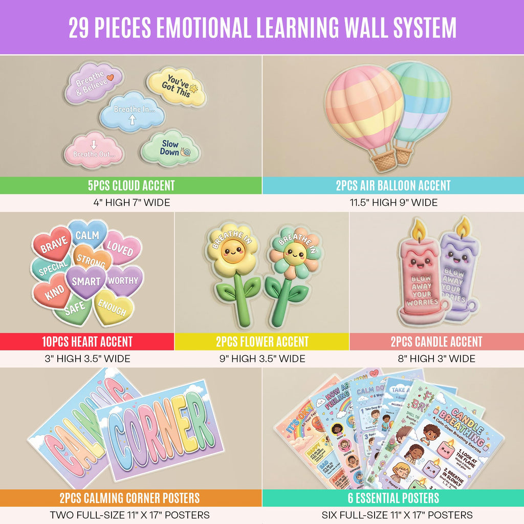 JELLY BEAN GENIUS Calming Corner Wall System for Kids – 29-Piece Social Emotional Learning & Emotional Awarenesss Visuals