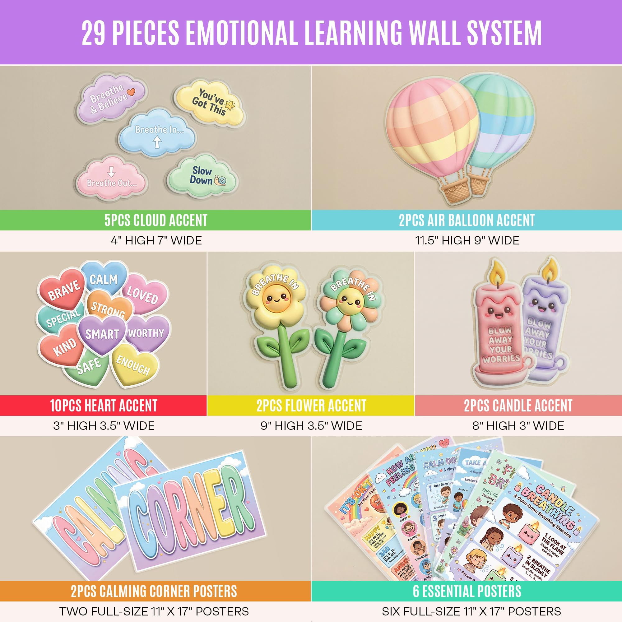 JELLY BEAN GENIUS Calming Corner Wall System for Kids – 29-Piece Social Emotional Learning & Emotional Awarenesss Visuals
