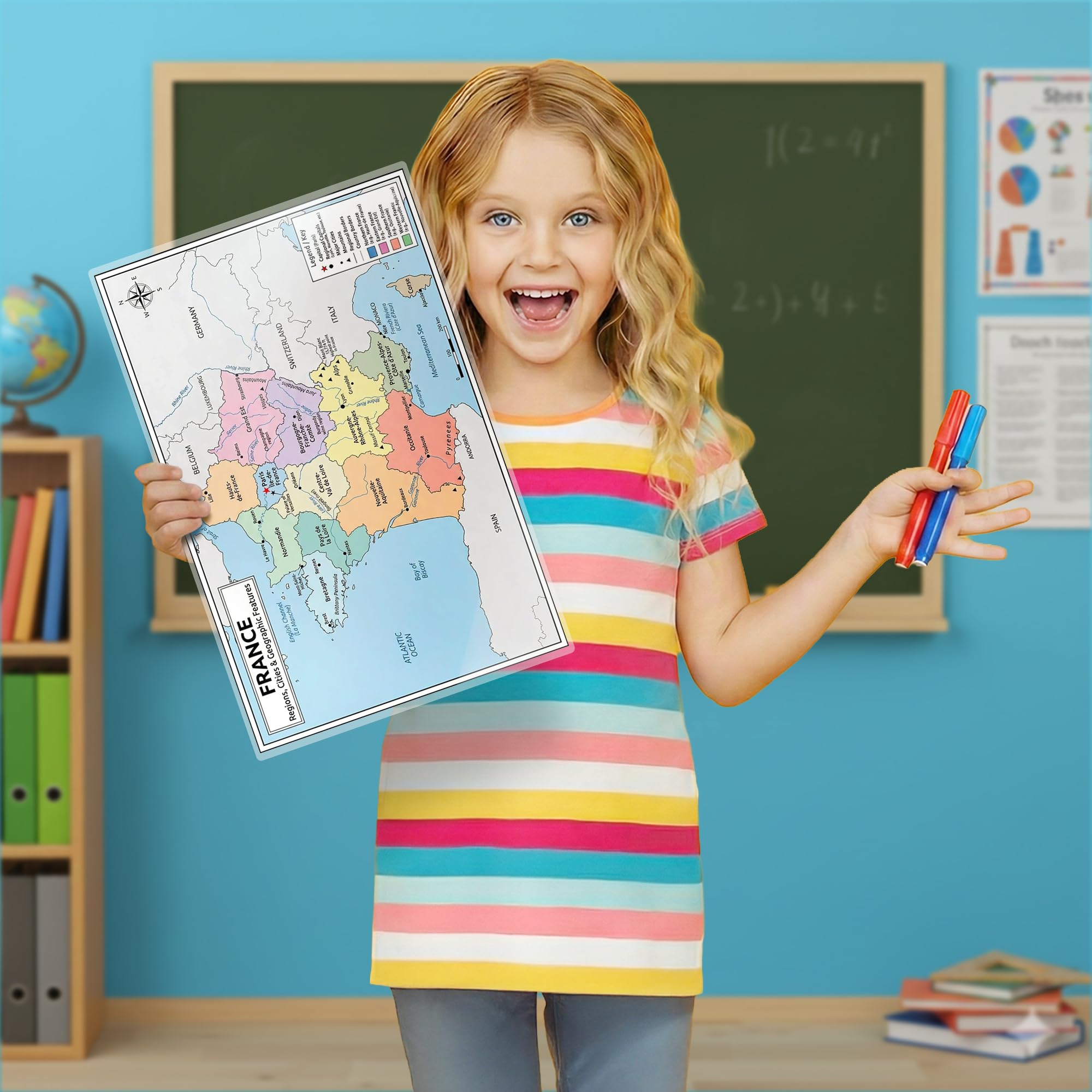 France Map Poster 11x17 | Laminated Double-Sided Geography Chart with Color Map Front & Blank Outline Back | Reusable
