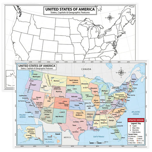 United States Map 11x17 Laminated Dry Erase Geography Chart | Double-Sided with Color Front & Blank Outline Back | Reusable Classroom & Homeschool Tool