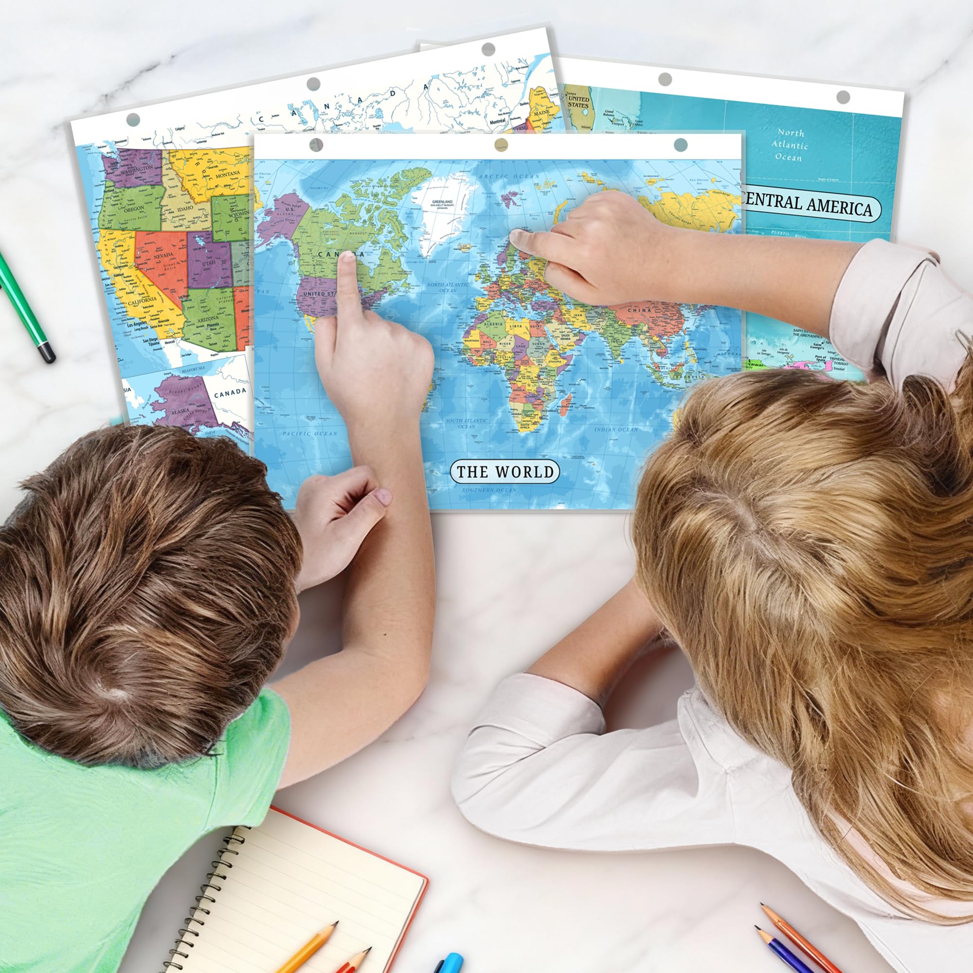 Detailed United States Map & World Map Reference Page – Laminated, Double-Sided 3-Ring Binder Insert – Durable Gloss
