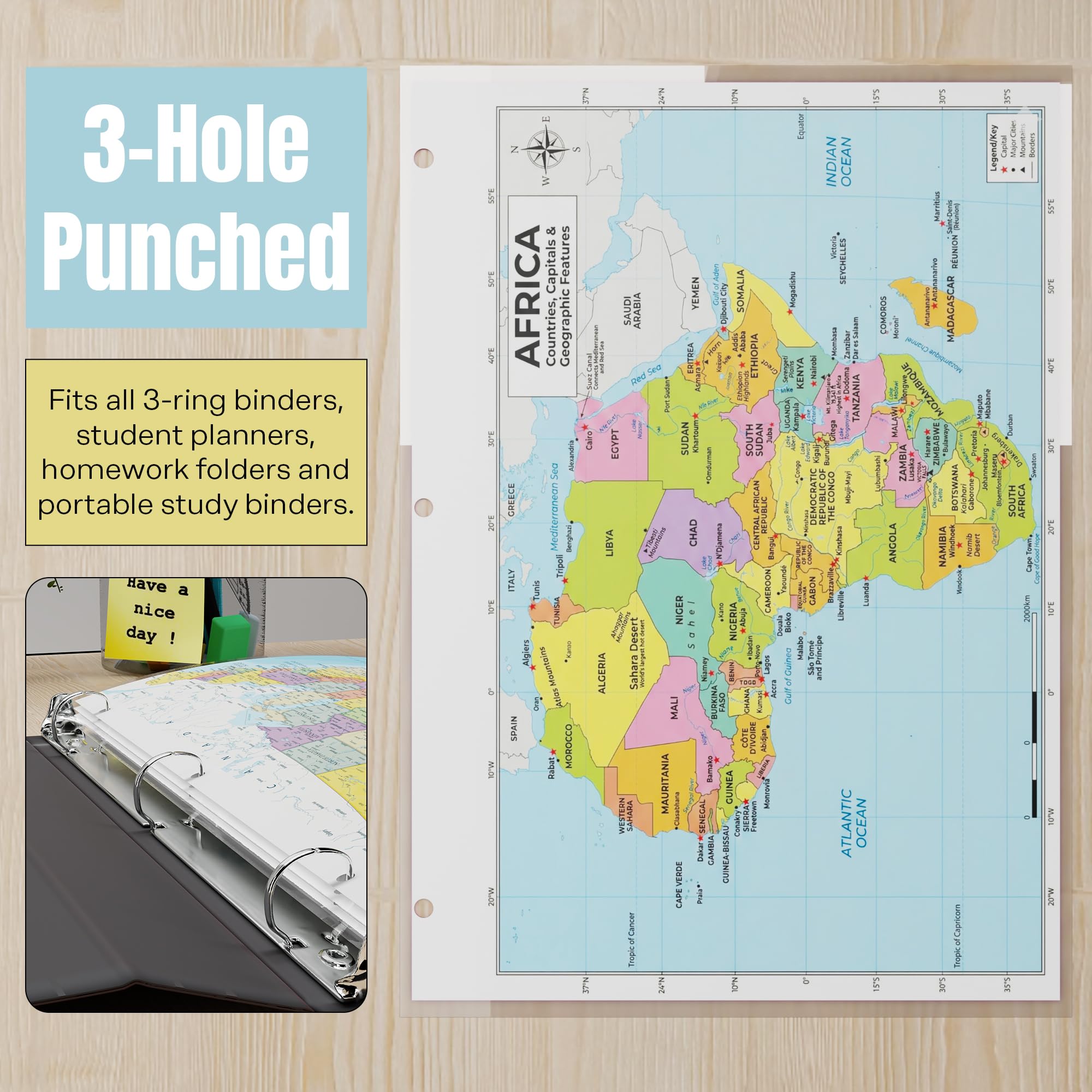 Africa Map Poster for Kids - 2-Sided Laminated 8.5x11, Countries Capitals & Geographic Features with Blank Practice Map