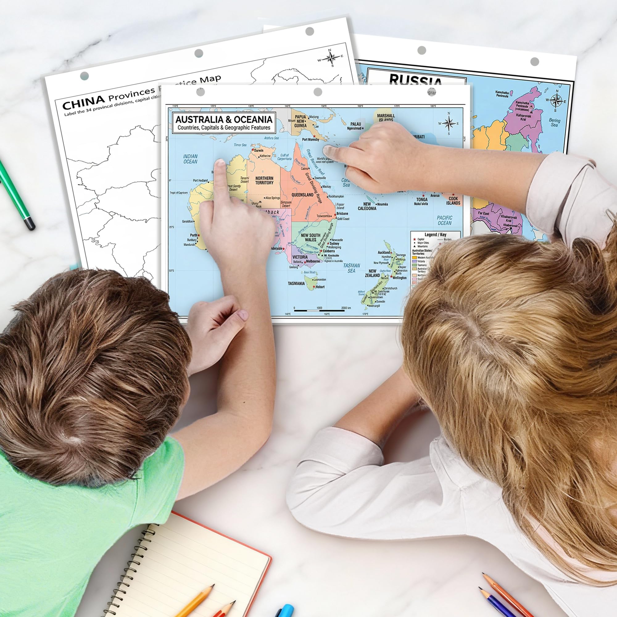 Australia & Oceania Map Poster for Kids - 2-Sided Laminated 8.5x11, Countries Capitals & Geographic Features with Blank