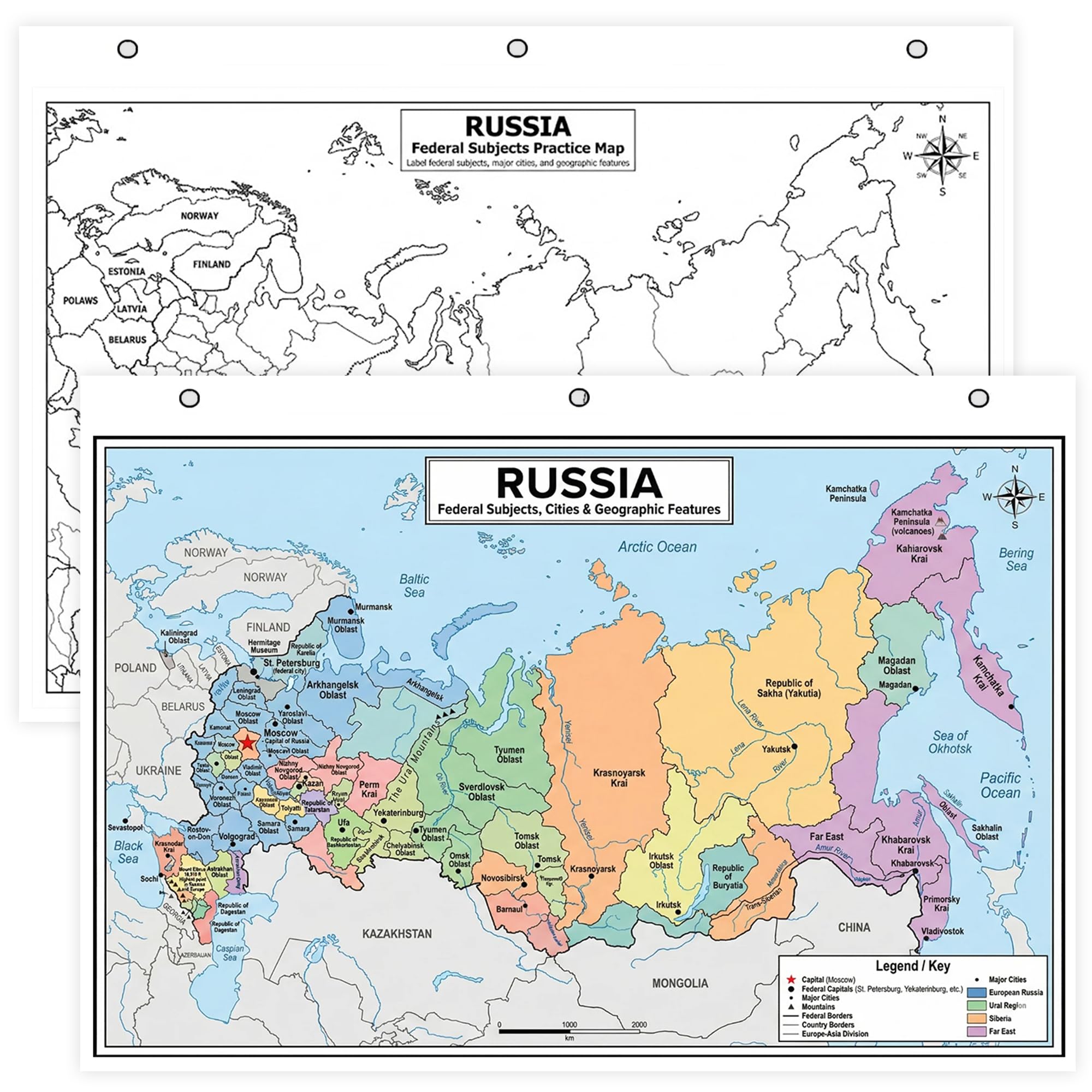 Russia Map Reference Chart – Laminated, Double-Sided 3-Ring Binder Insert (8.5 x 11 Inches) – Federal Subjects Major Cities