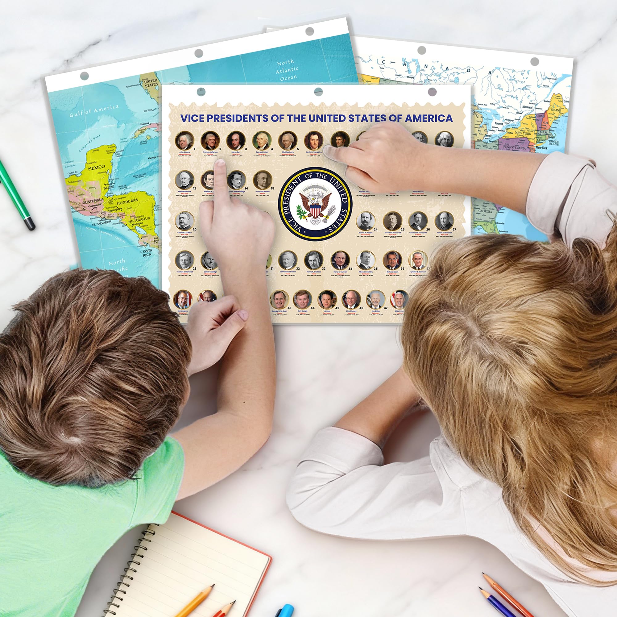 Detailed United States Map & U.S. Vice Presidents Reference Page – Laminated, Double-Sided 3-Ring Binder Insert – Durable