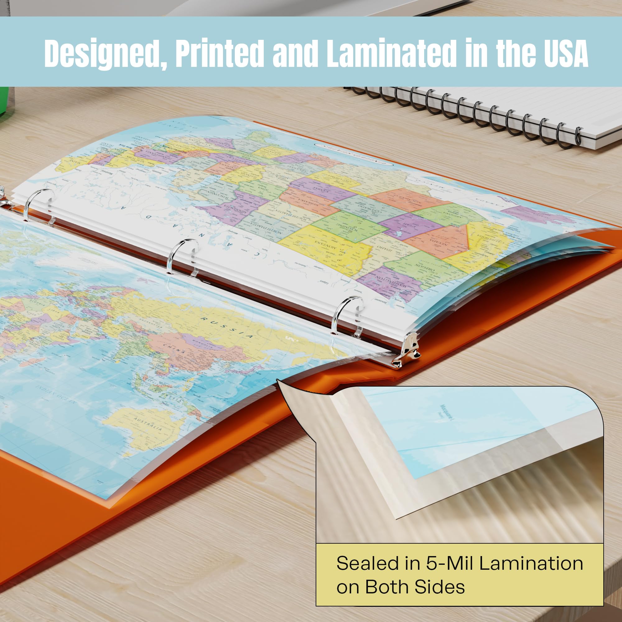 Detailed United States Map & World Map Reference Page – Laminated, Double-Sided 3-Ring Binder Insert – Durable Gloss