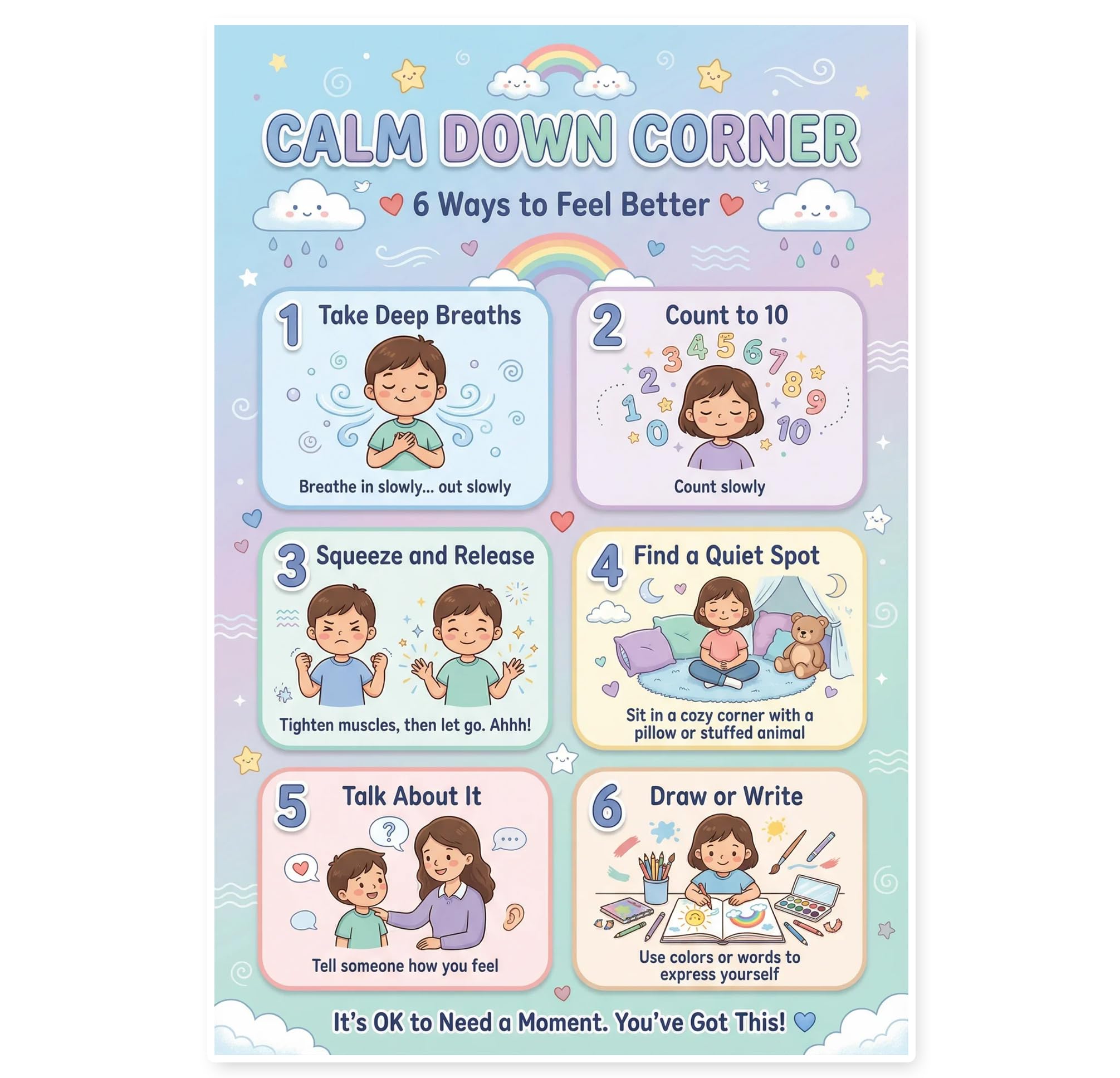 JELLY BEAN GENIUS 6 Ways to Feel Better Calming Poster for Kids – Coping Skills & Emotional Awareness Visual for Classroom