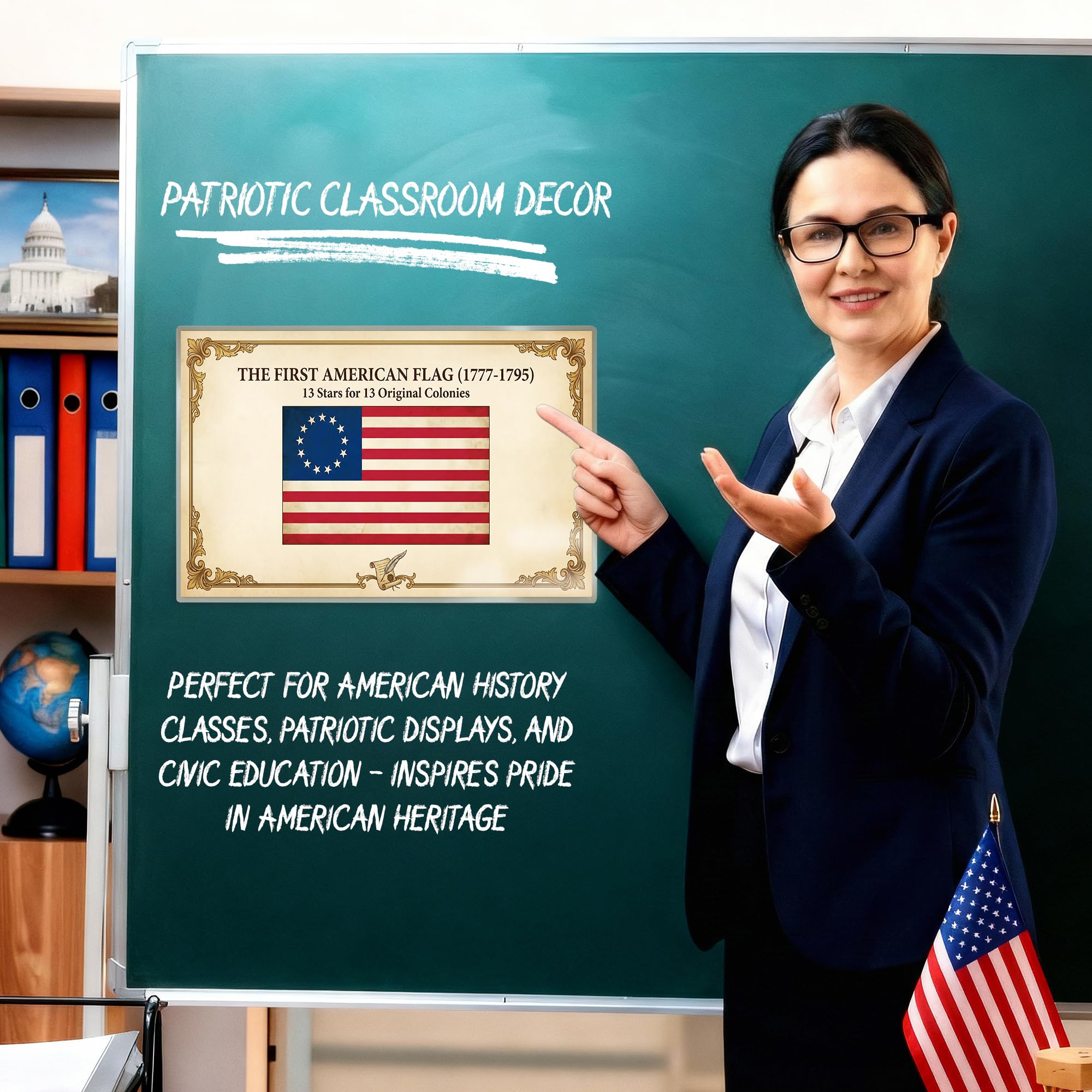 JELLY BEAN GENIUS First American Flag Poster - Betsy Ross 13 Stars Flag History - Laminated 11x17 - Patriotic Educational