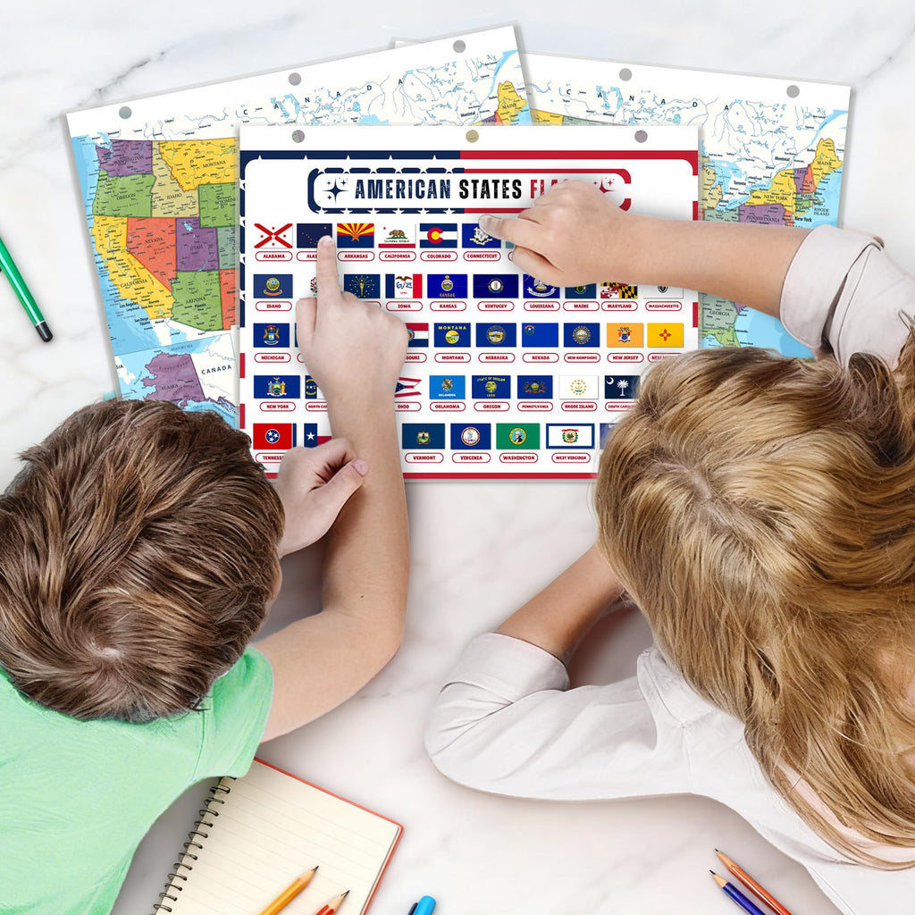 Updated United States Map with All 50 State Flags – Laminated, Double-Sided 3-Ring Binder Insert – Durable Gloss Reference Page for Study & Binder Organization (10 Pack)