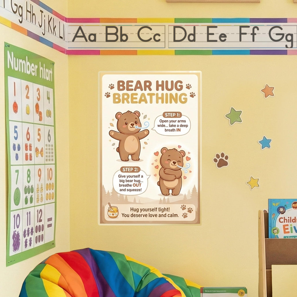 JELLY BEAN GENIUS Bear Hug Breathing Poster for Kids – Self-Hug Calming Technique, Calm Corner Classroom Decor, SEL Social