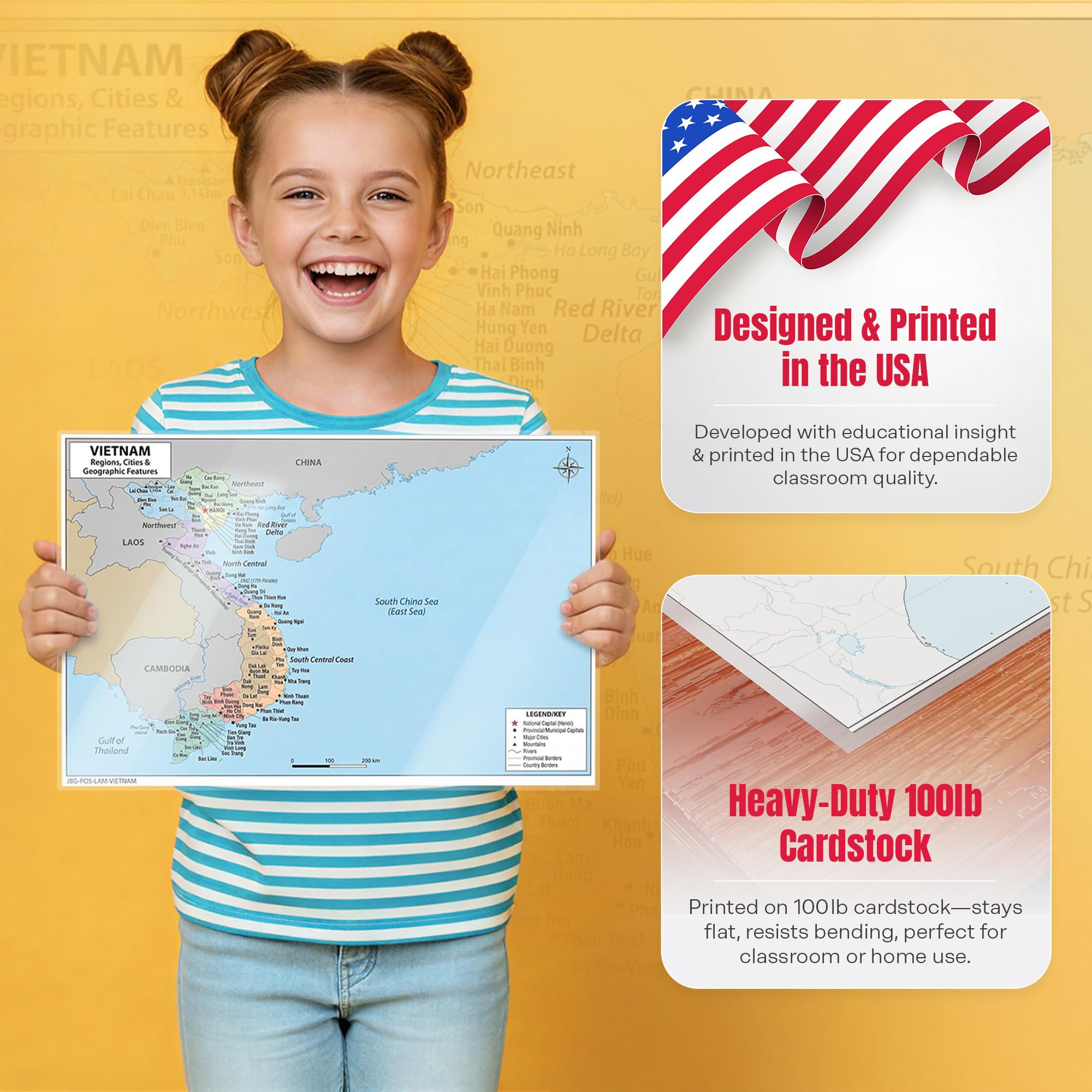Vietnam Map Poster for Kids - Educational Geography Wall Art with 63 Provinces, Capitals & Major Cities - Laminated