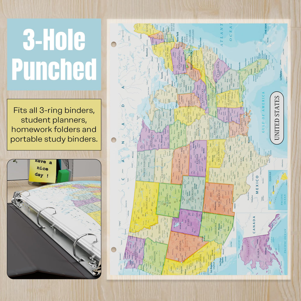 Detailed United States Map & World Map Reference Page – Laminated, Double-Sided 3-Ring Binder Insert – Durable Gloss