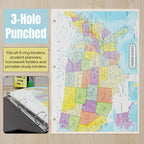 Detailed United States Map & World Map Reference Page – Laminated, Double-Sided 3-Ring Binder Insert – Durable Gloss