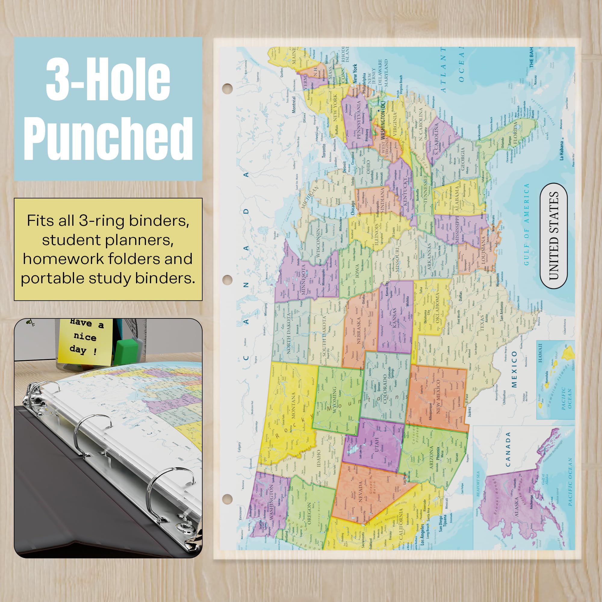 Detailed United States Map & World Map Reference Page – Laminated, Double-Sided 3-Ring Binder Insert – Durable Gloss