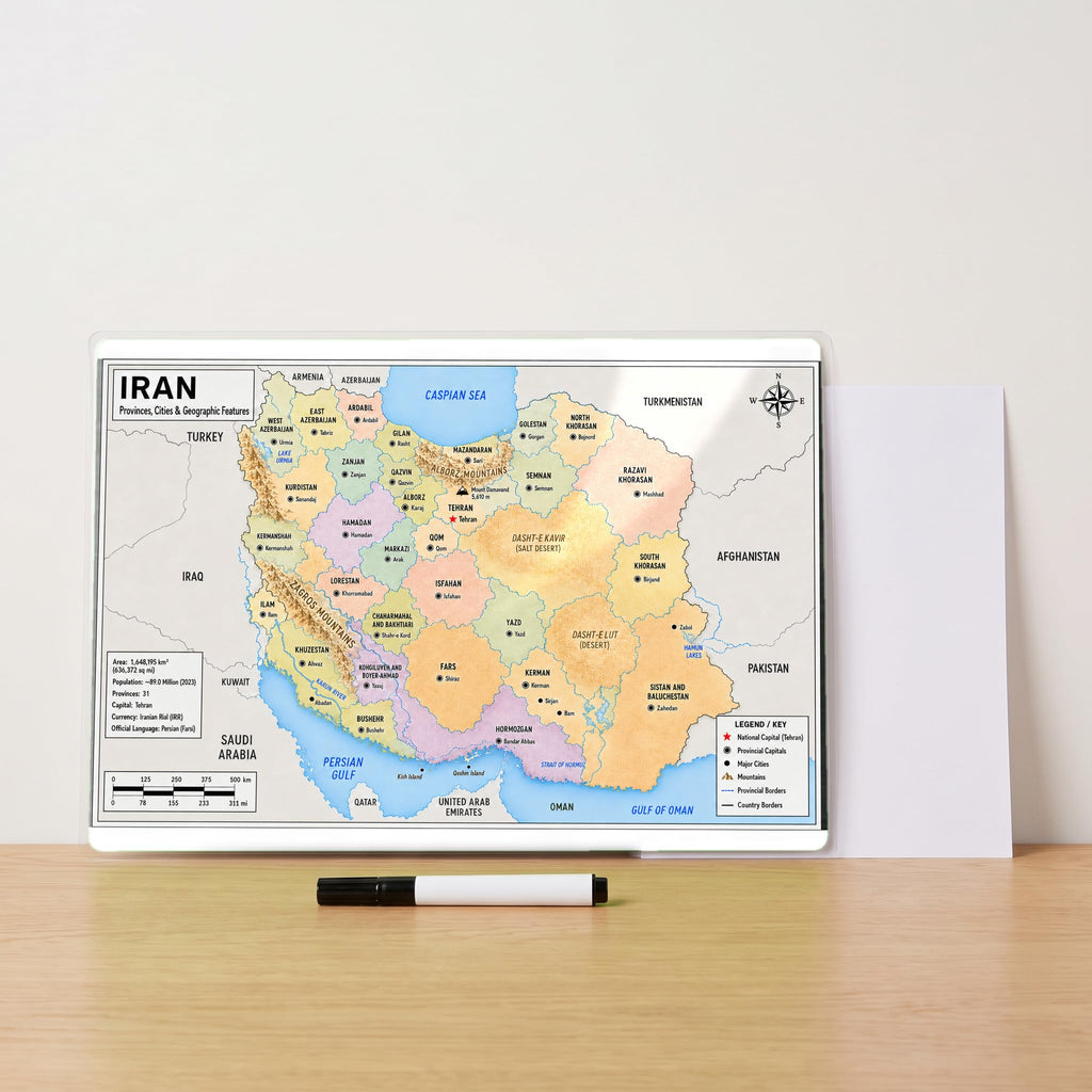 Iran Map Poster, Provinces & Capitals, Double-Sided Laminated, 11x17