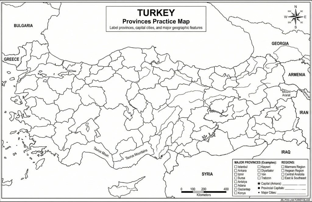 Turkey Map Poster 11x17 | Laminated Double-Sided Geography Chart with Color Map Front & Blank Outline Back | Reusable