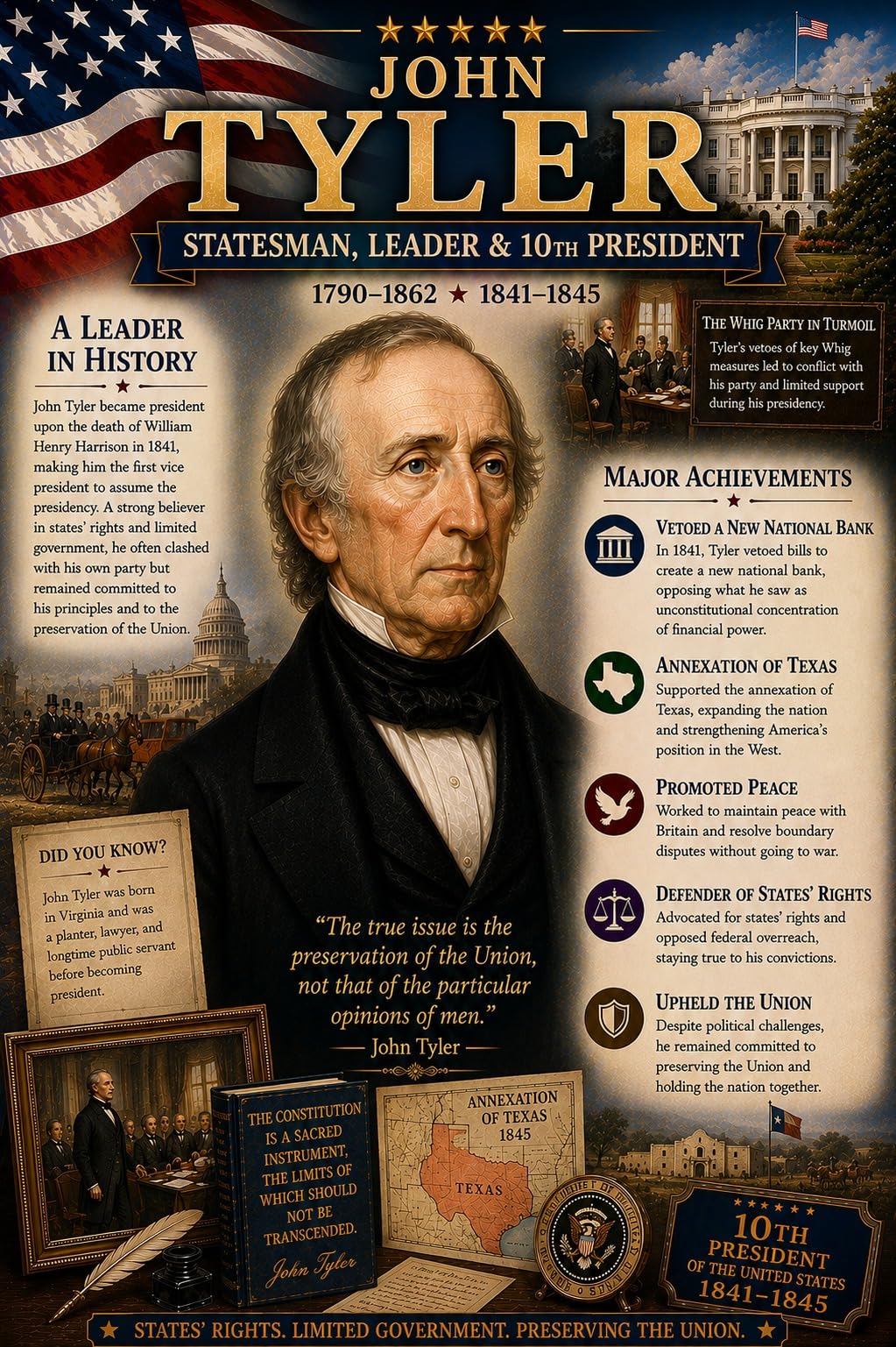 John Tyler Poster, 10th U.S. President, 8.5x11 Laminated Learning Chart