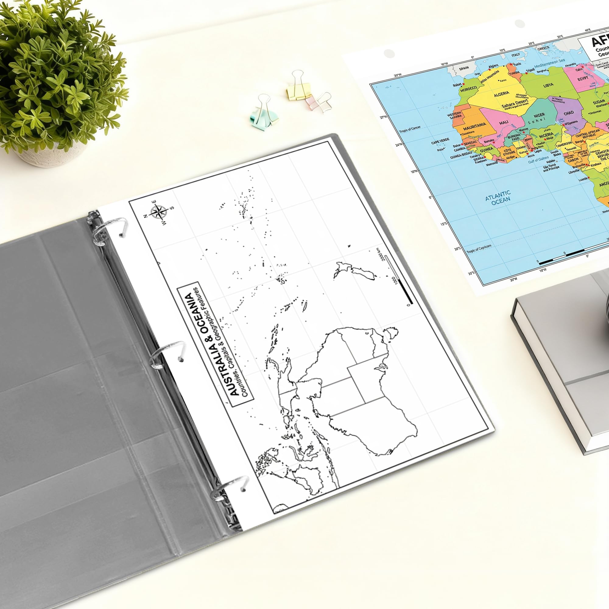 Australia & Oceania Map Poster for Kids - 2-Sided Laminated 8.5x11, Countries Capitals & Geographic Features with Blank