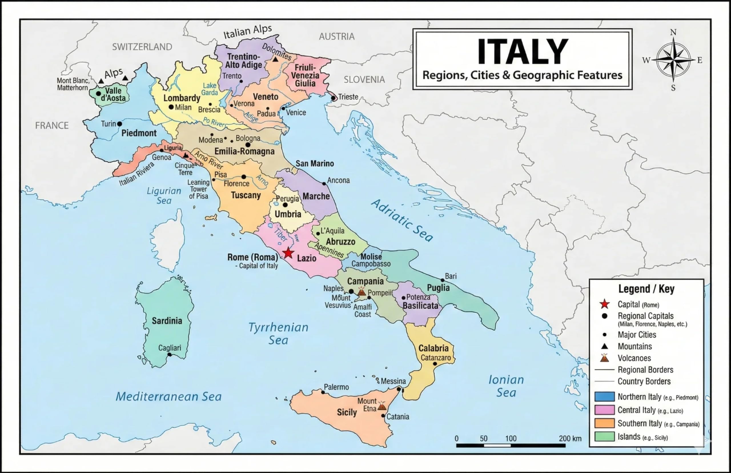 Italy Map Poster 11x17 | Laminated Double-Sided Geography Chart with Color Map Front & Blank Outline Back | Reusable