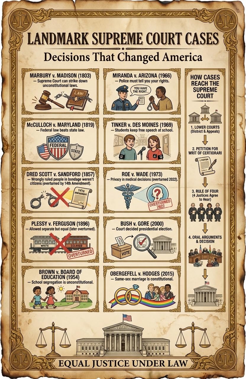 JELLY BEAN GENIUS Supreme Court Cases Poster for Kids, 11x17 Laminated Civics Chart, 10 Landmark Decisions Explained
