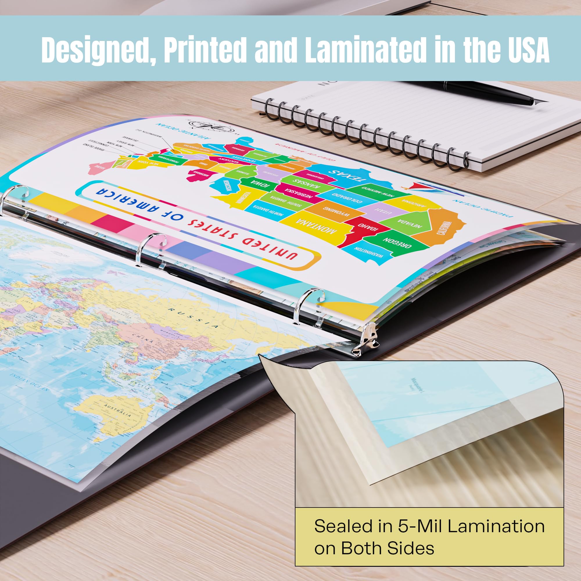United States Map with All 50 State Flags – Laminated, Double-Sided 3-Ring Binder Insert – Durable Gloss Reference Page for