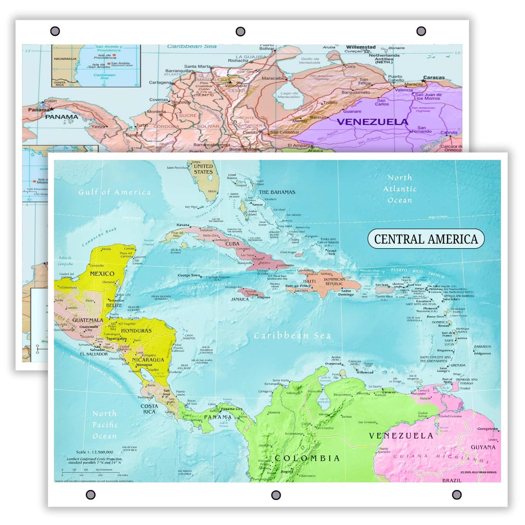 Central America Map & Colombia Map Reference Page – Laminated, Double-Sided 3-Ring Binder Insert – Durable Gloss Geography Chart for Study (5 Pack)