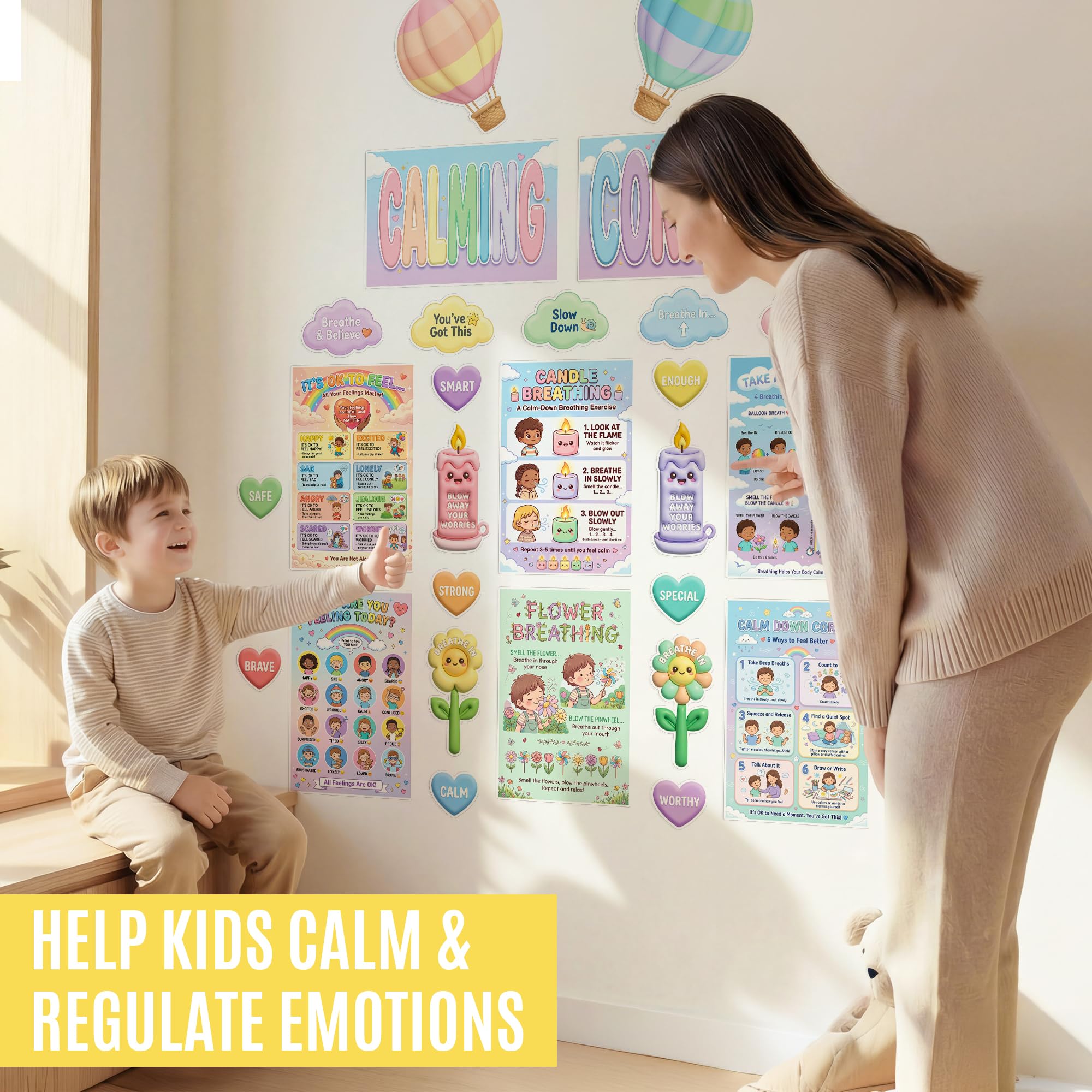 JELLY BEAN GENIUS Calming Corner Wall System for Kids – 29-Piece Social Emotional Learning & Emotional Awarenesss Visuals