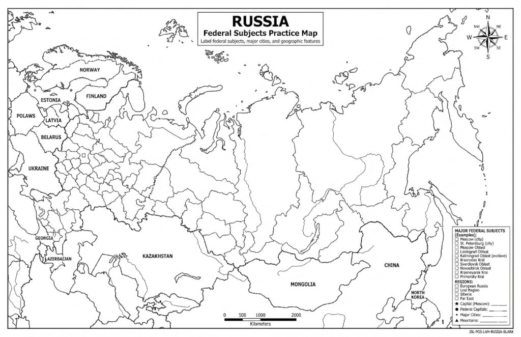 Russia Map Poster 11x17 | Laminated Double-Sided Geography Chart with Color Map Front & Blank Outline Back | Reusable