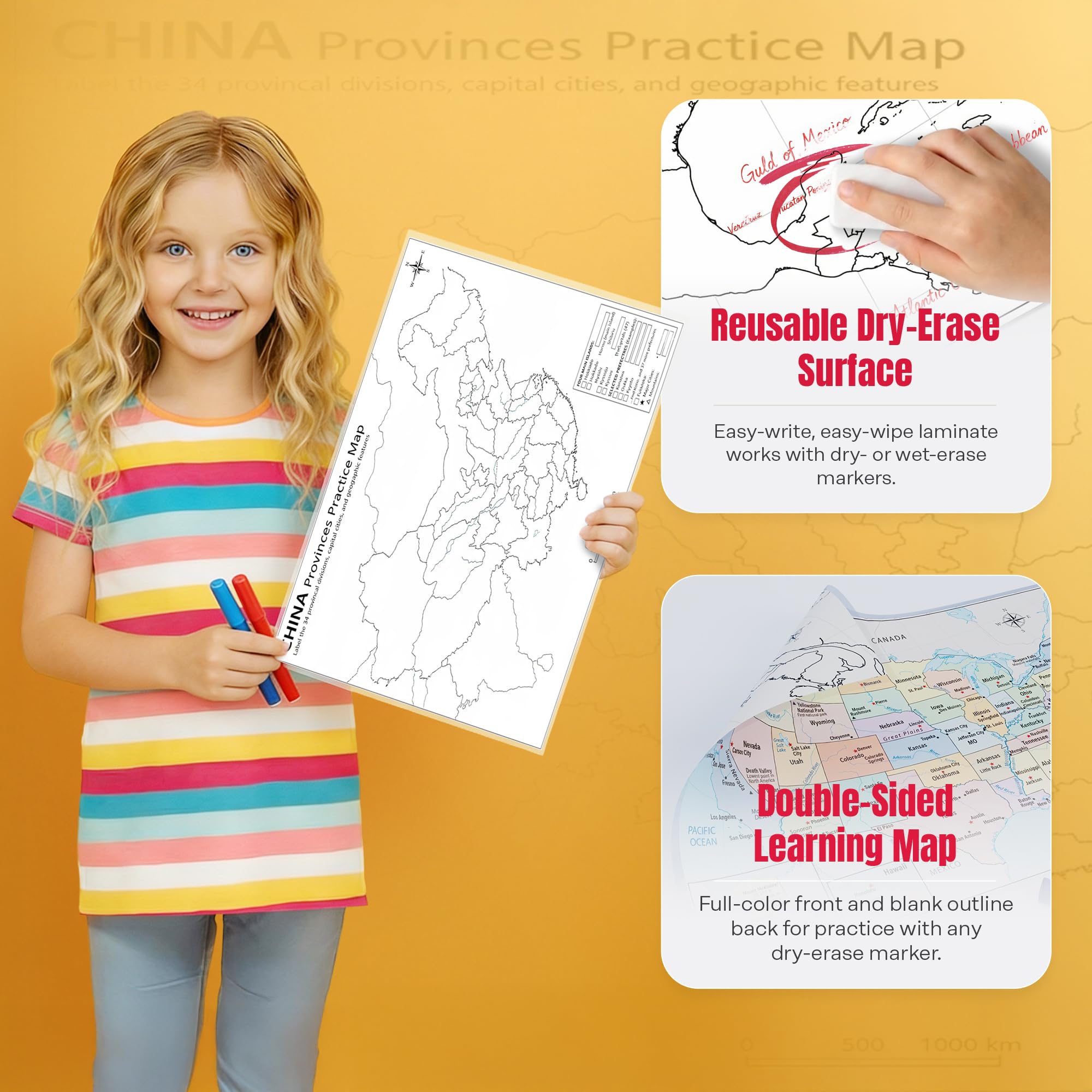 China Map Poster 11x17 | Laminated Double-Sided Geography Chart with Color Map Front & Blank Outline Back | Reusable