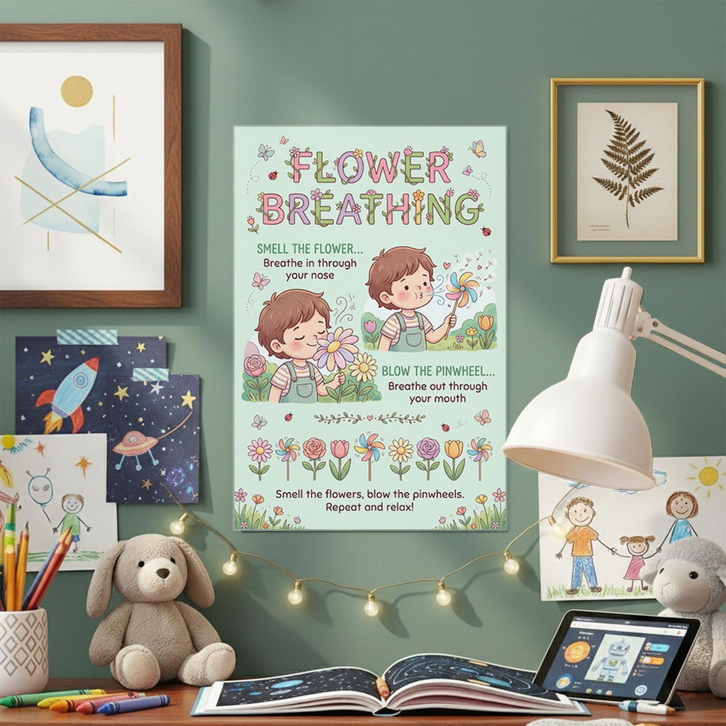 JELLY BEAN GENIUS Smell the Flower Blow the Pinwheel Breathing Poster for Kids – Deep Breathing & Emotional Awareness