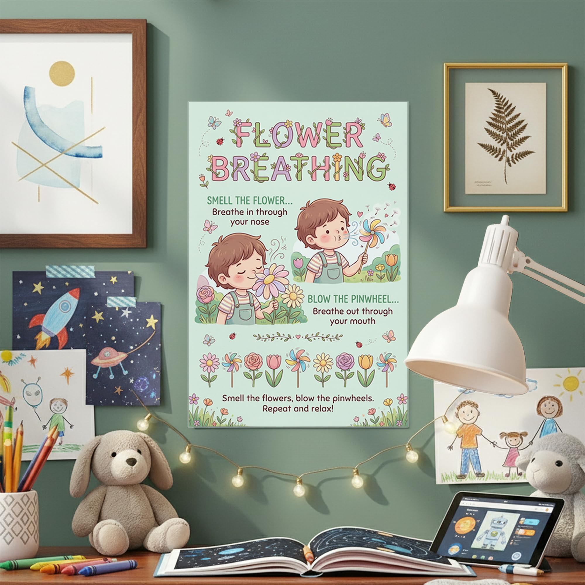 JELLY BEAN GENIUS Smell the Flower Blow the Pinwheel Breathing Poster for Kids – Deep Breathing & Emotional Awareness