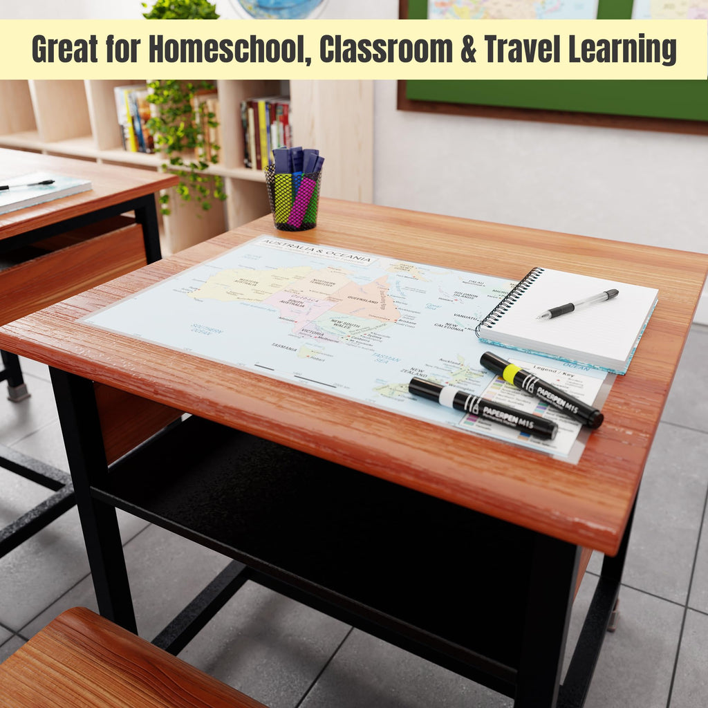 Australia & Oceania Map 11x17 Laminated Dry Erase Geography Chart | Double-Sided with Color Front & Blank Outline Back |