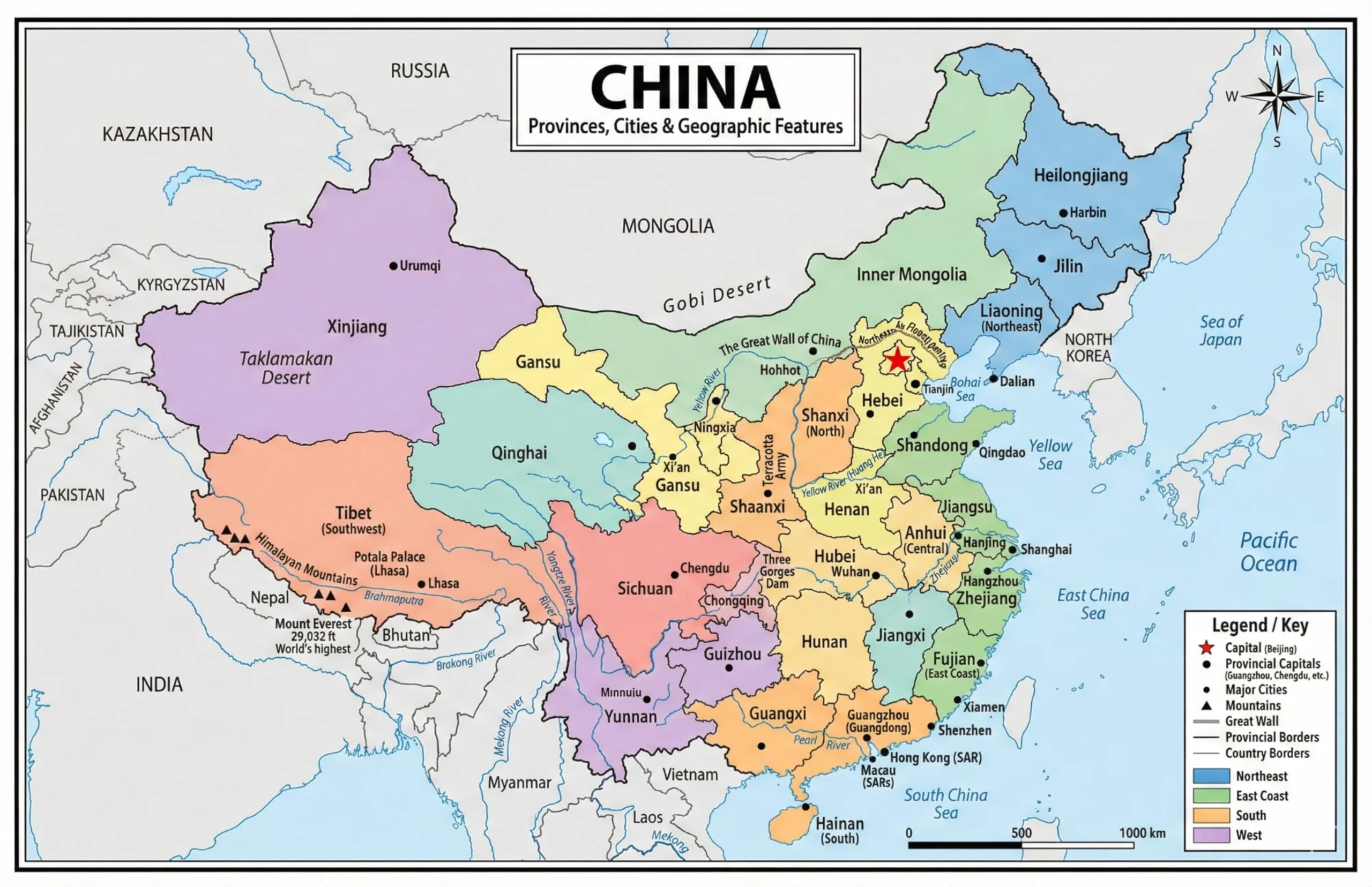 China Map Poster 11x17 | Laminated Double-Sided Geography Chart with Color Map Front & Blank Outline Back | Reusable