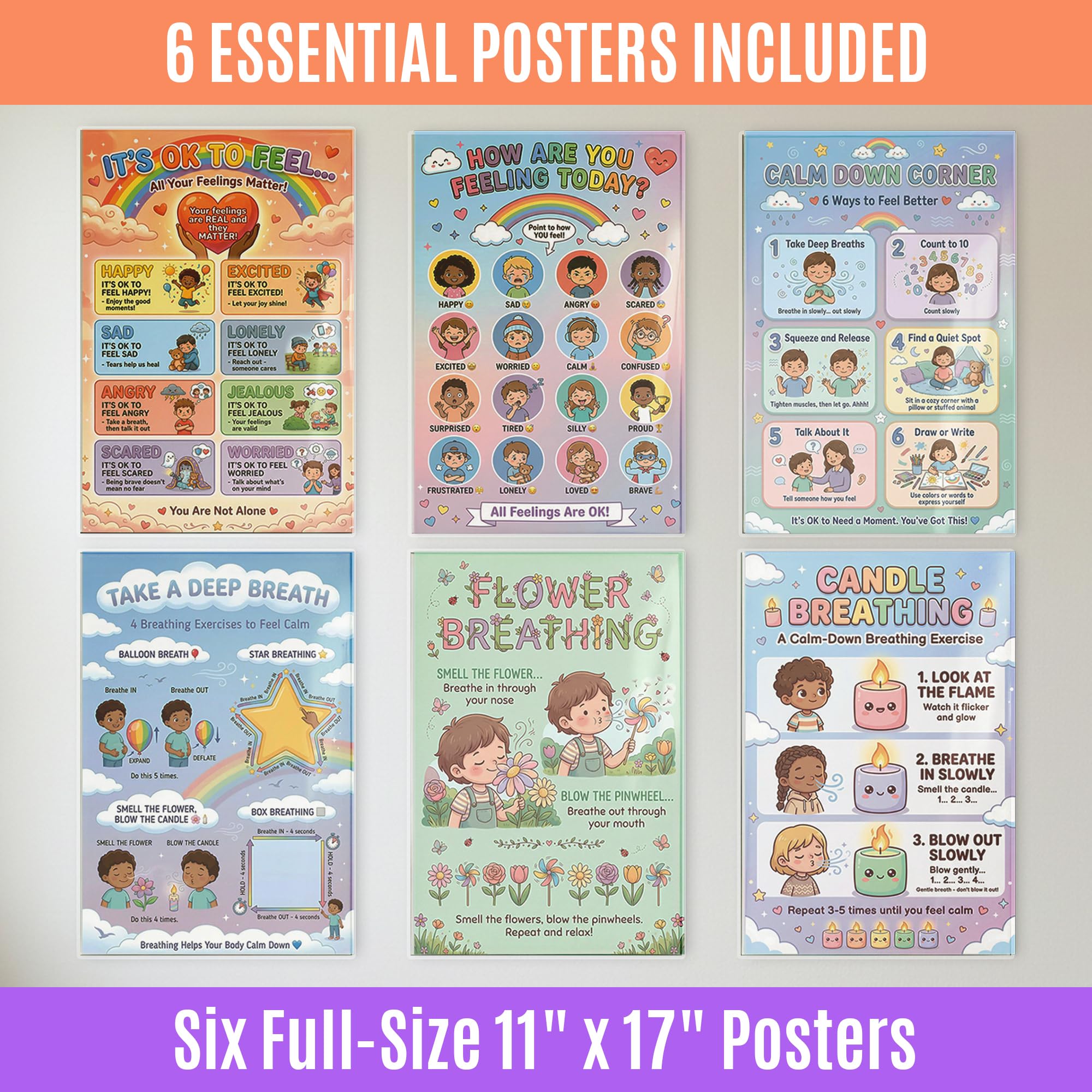 JELLY BEAN GENIUS Calming Corner Essential Poster Set for Kids – 6-Piece Emotional Awareness & Social Emotional Learning