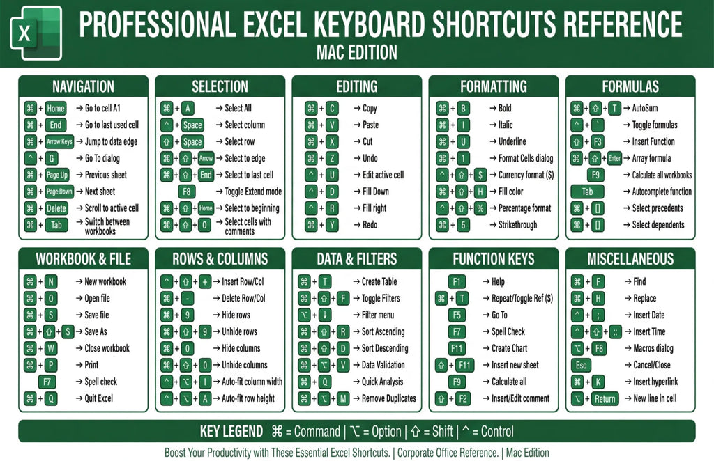 JELLY BEAN GENIUS Professional Excel Keyboard Shortcuts Poster 11x17 – Double-Sided Laminated Windows & Mac Layout | 80+