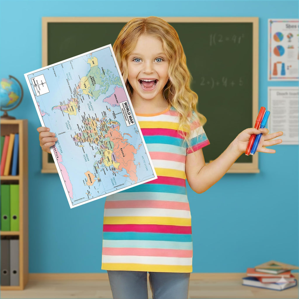 2026 Updated World Map Poster – 11x17 Laminated Dry Erase Study Map | Double-Sided Classroom Learning Tool with Color