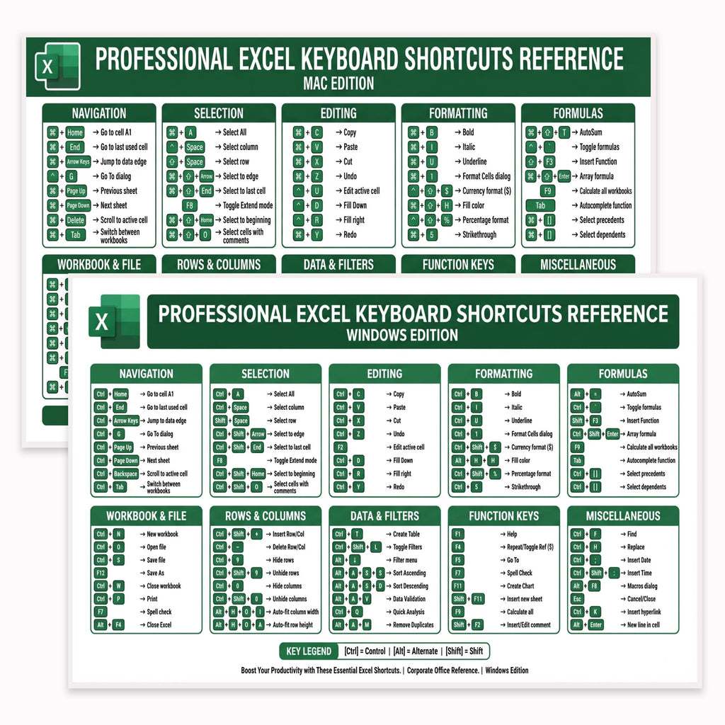 JELLY BEAN GENIUS Professional Excel Keyboard Shortcuts Poster 11x17 – Double-Sided Laminated Windows & Mac Layout | 80+