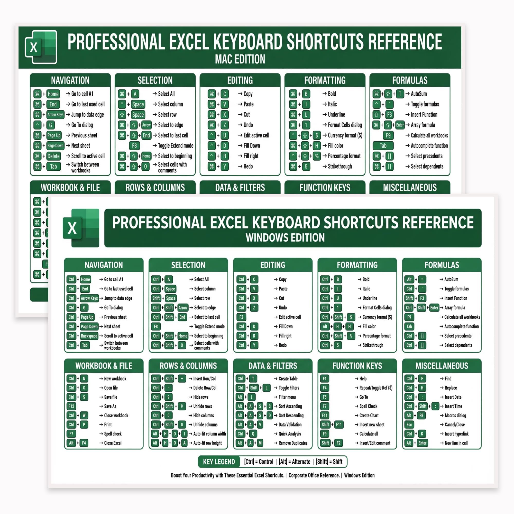 JELLY BEAN GENIUS Professional Excel Keyboard Shortcuts Poster 11x17 – Double-Sided Laminated Windows & Mac Layout | 80+