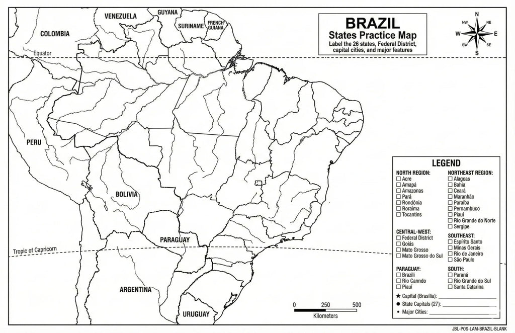 Brazil Map Poster 11x17 | Laminated Double-Sided Geography Chart with Color Map Front & Blank Outline Back | Reusable
