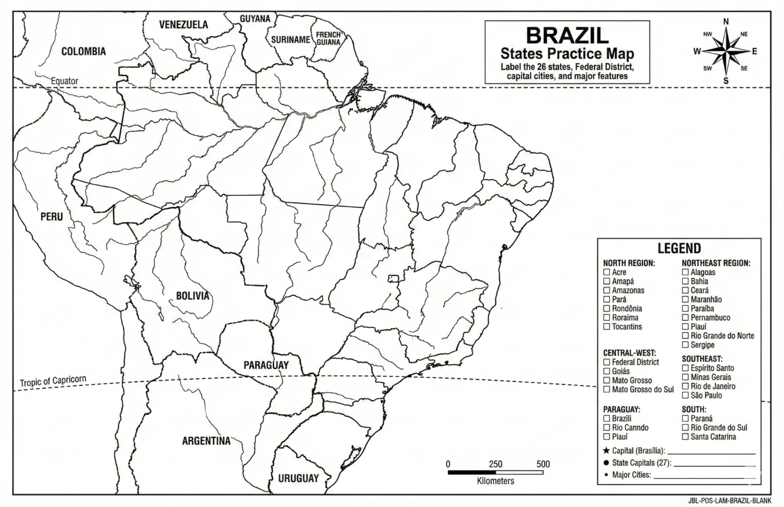Brazil Map Poster 11x17 | Laminated Double-Sided Geography Chart with Color Map Front & Blank Outline Back | Reusable