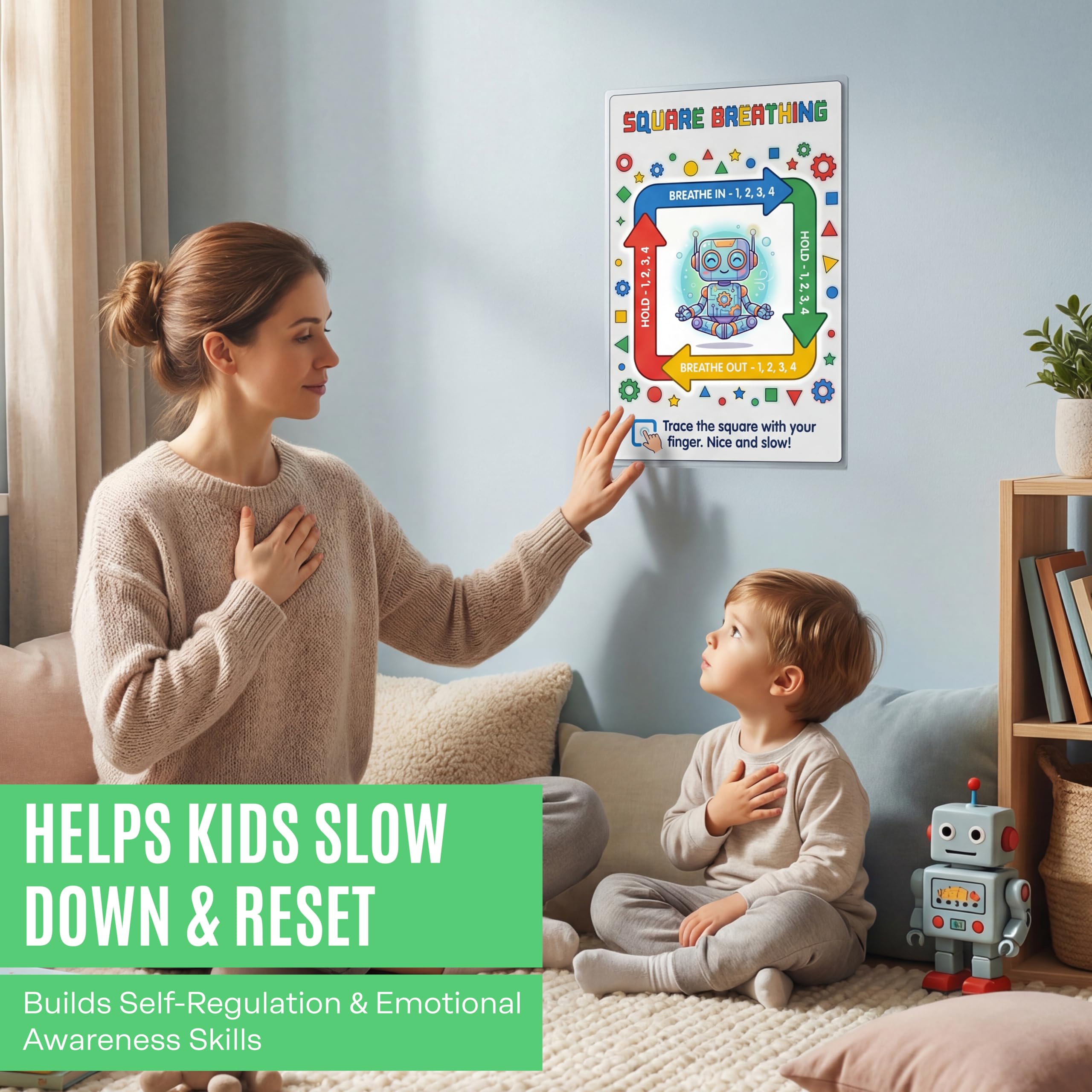 JELLY BEAN GENIUS Square Breathing Poster for Kids – Box Breathing Calm Corner Classroom Decor, SEL Social Emotional